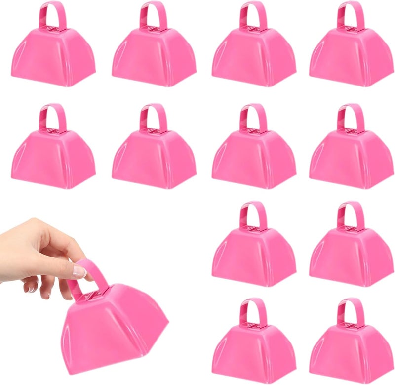 HEYLEAYAR 3Inch Cowbells for Sporting Events,12Pcs Metal Cow Bells Bulk Loud Noise Makers Cow Bell with Handle for Cheering Football Games Spirit Marathon Weddings Party Noisemakers, Pink - Image 1
